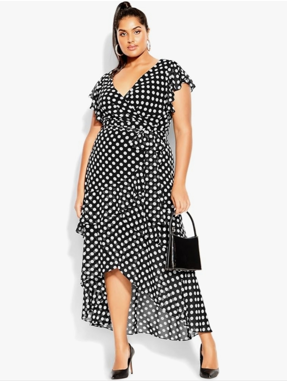 City Chic Women's Plus Size Maxi Emilia Polka Dot Chiffon Faux Wrap Dress. Sz 16